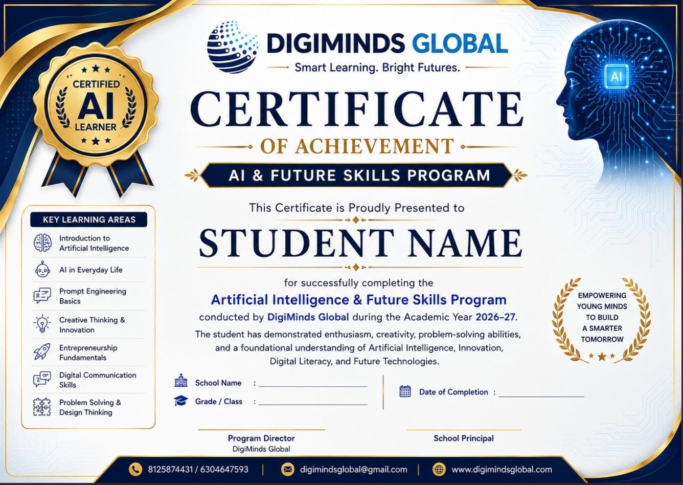 DigiMinds Global AI & Future Skills Program Certificate of Achievement